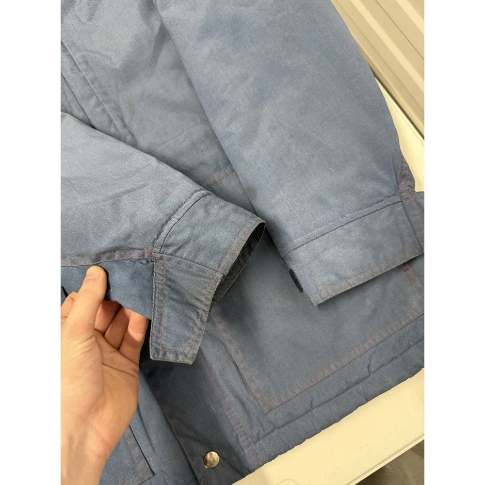 Vintage Sears Fieldmaster Work Jacket Blue Orange Lined Chest Pockets Snap Men L